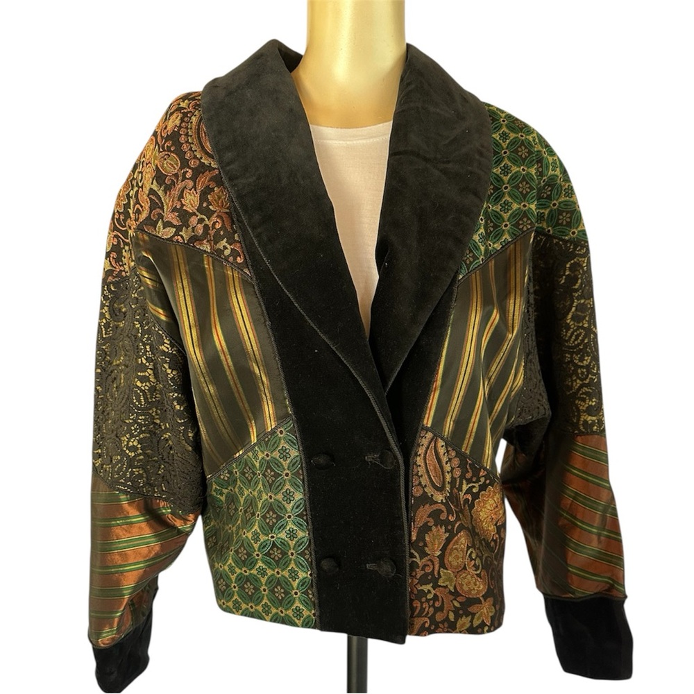 VTG Susan Bristol Patchwork Blazer Jacket Size S Mixed Media Velvet Lace Brocade